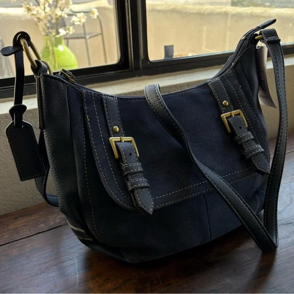 NWT Tignanello Midnight Blue Genuine Leather/Suede Messenger Crossbody Bag - Picture 8 of 16